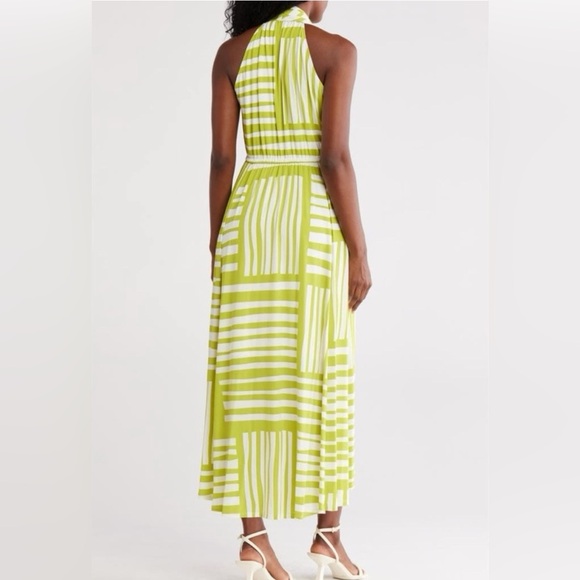 Calvin Klein Sleeveless Halter Midi Dress Sz 10 Green White Abstract Stripe NWT - Picture 2 of 14